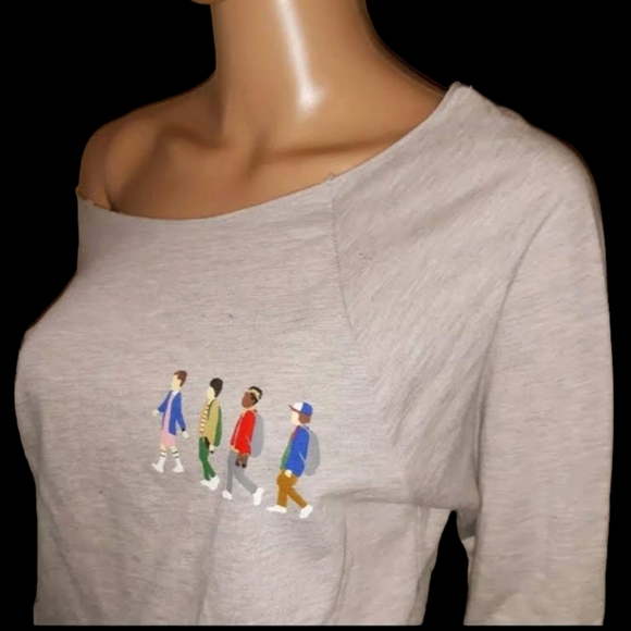 Netflix MD Stranger Things Gray Off-the-Shoulder Sweater - Picture 3 of 11